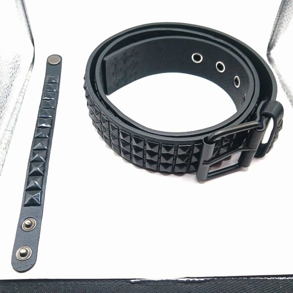Gothic Black Studded Vegan Leather Belt + Studded Bracelet Unisex Black- New - Picture 1 of 11